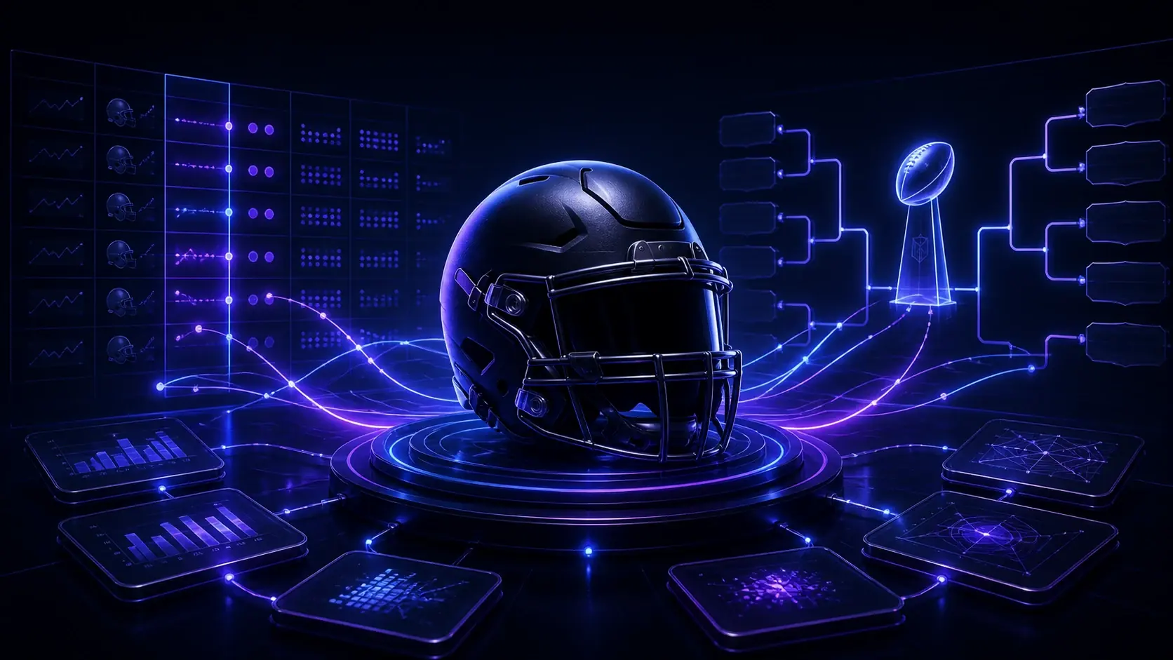 Football helmet surrounded by simulation dashboards and a playoff bracket