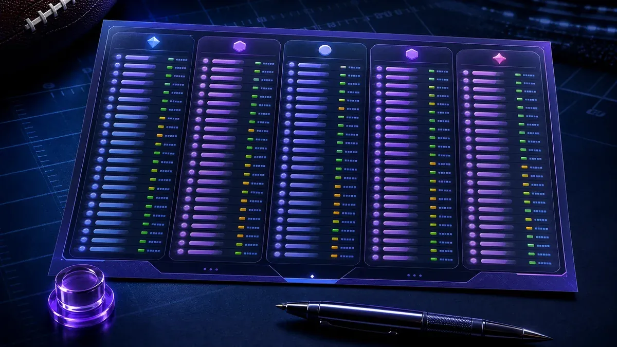 Fantasy football draft board with five glowing ranking columns
